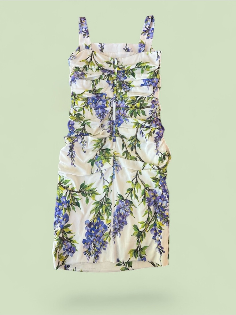 Dolce & Gabbana White Floral Ruched Mini Dress with Blue and Green Print - Picture 2 of 6